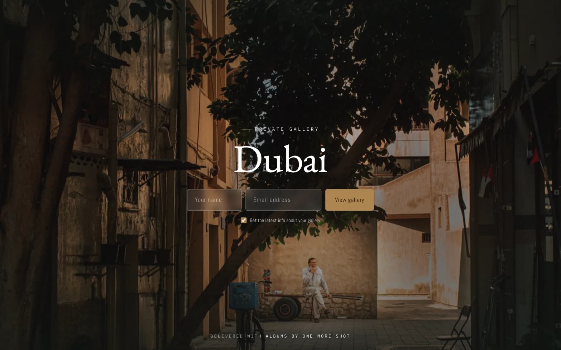 A gallery entrance: full-screen cover, title and guest login
