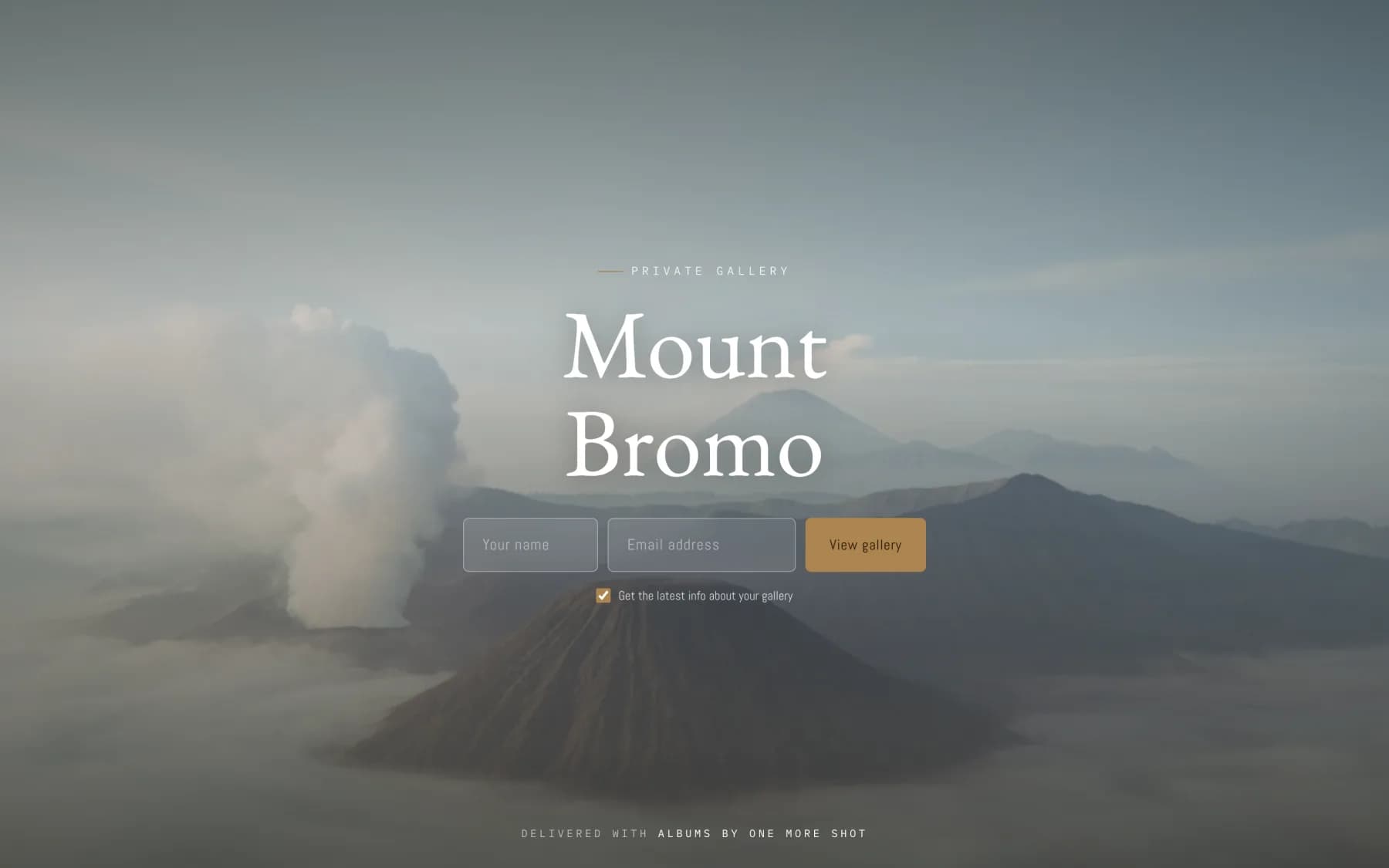 A gallery entrance: full-screen cover, title and guest login