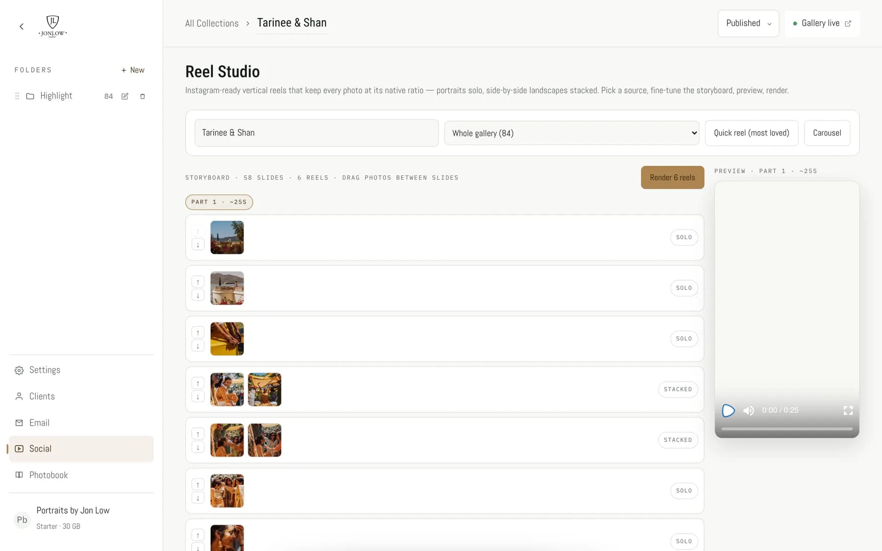 Reel Studio storyboard with solo and stacked slides